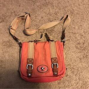 Fossil Maddox Hot Pink Canvas Brown Leather Trim Crossbody Shoulder Bag Purse